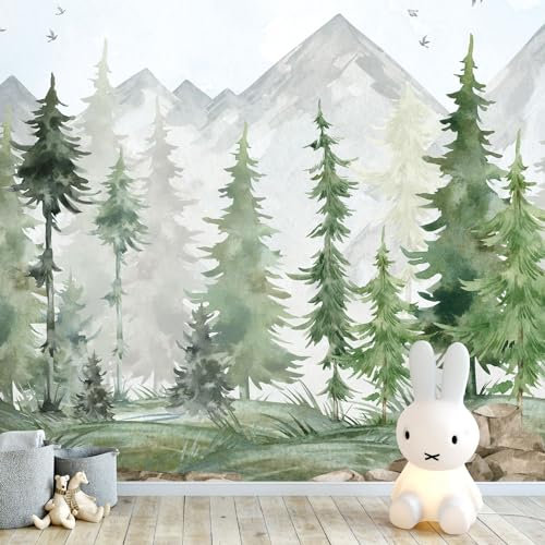 UNIK Nordic Vliestapete XXL, 300x250cm, Kindertapete im Tannenwald Aquarell Design, Wohntapete mit Wald-Motiv, Fototapete für Baby- und Kinderzimmer, Mustertapete in Premium Qualität, Made in Germany