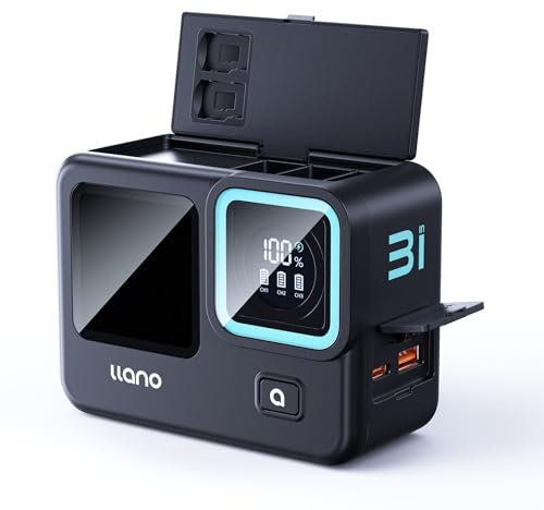 llano 3 in 1 3 slot PD 30 W caricabatterie rapido per GoPro Hero 12/11/10/9 e Enduro, con PowerBank da 12400 mAh integrato, custodia portaoggetti, indicatore in tempo reale, colore nero