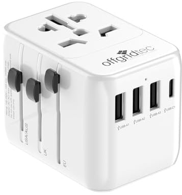 Offgridtec Universal-Reiseadapter weltweit, 3X USB-A + 1x USB-C (weiß) | Universal-AC-Steckdose, 10A/2500W, 160+ Länder, EU/UK/US/AUS-Stecker, flammhemmendes Gehäuse, Kindersicherung, 2 Sicherungen