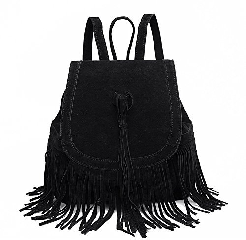 DUOMIYX Rucksack Damen Modischer Quaste Wildleder Rucksack Casual Vielseitiger Reiserucksack-Schwarz