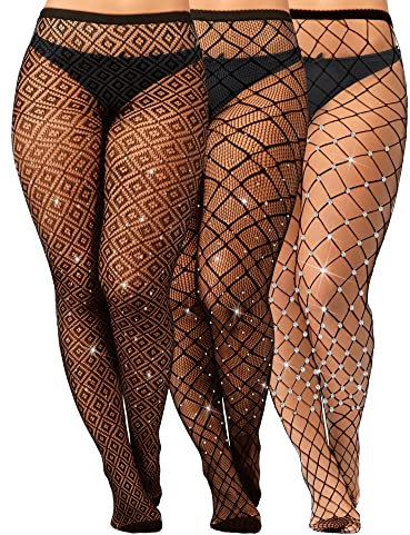 Geyoga 3 Pares Medias de Rejilla Red de Cintura Alta y Talla Grande con Diamantes de Imitación Brillante(Negro,L-XL)