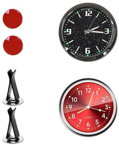2 Stück Car Clock, Mini Fahrzeug Armaturenbrettuhr, Auto Armaturenbrett Uhr, Mit Doppelseitigem Aufkleber und Lüftungsclip, Stilvolle Leuchtende Quarz-Autouhr für jedes Auto(Schwarz & Rot)
