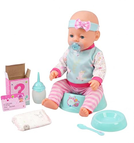 Bibi Doll 18 Interactive Baby Doll with Accessories - Lifelike Drinking, Wetting and Crying Functions - Includes Water Bottle, Dummy, Nappy, Potty, Feeding Playset - Realistic Baby Doll Accessories