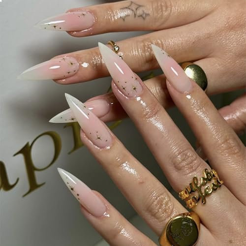 GlamRays Press on Nails Long Stiletto Fake Nails Glossy Adhesive Nails Sharp Almond Acrylic Nails Pink Ombre Artificial Nails Bling Star Stickers False Nails