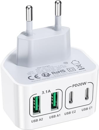 Chargeur USB C, 40W 4 Ports USBC Rapide Chargeur, Plat Compact Adaptateur USB C Peu encombrant, Chargeur Mural pour Petits Espaces, Compatible avec iPhone 16/15/14, Samsung S25/S24/S23, Portable