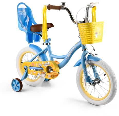 RULLY 14 Zoll Mädchenfahrrad Blau mit Stützrädern – Kinderfahrrad mit Korb & Puppensitz für 3–5 Jahre, Lernfahrrad für Kleinkinder