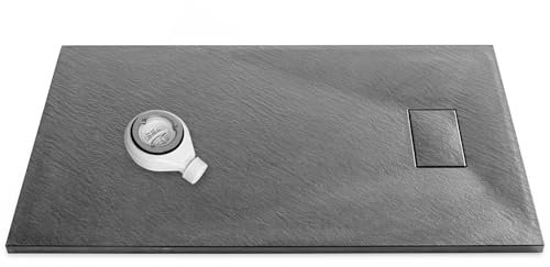 800x800mm Dark Grey SMC Slate Stone Shower Tray & Dark Grey Drain Cover with 90mm ABS Waste