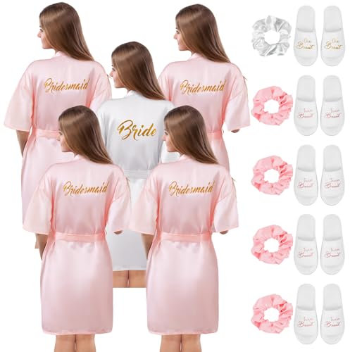 Hestya 5 Sets Cadeaux de Fête Nuptiale EVJF Accessoires pour Femmes Peignoir de Mariée Demoiselle d'Honneur en Satin avec Pantoufles Élastique à Cheveux EVJF Décoration pour Fiançailles Mariage