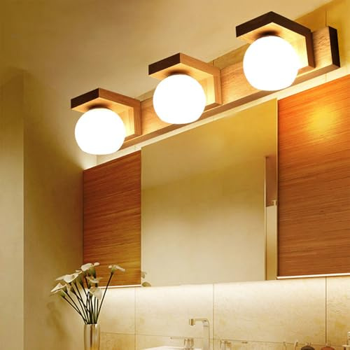 Mengjay Holz Wandleuchte Innen,Vintage Spiegelleuchte Bad Spiegellampe Badezimmer G9 Wandlampe mit Kugel Glas Lampenschirm für Schlafzimmer Flur Wohnzimmer Küche (3 Flammig)