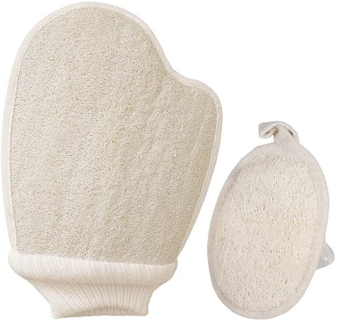 2 Guantes Exfoliantes de Luffa Natural, Guantes de Ducha para Baño, Spa, Limpia Los Poros para Cuerpo Y Cara, Esponja de Ducha para Peeling & Body Scrub, Guante de Masaje Hombres Y Mujeres
