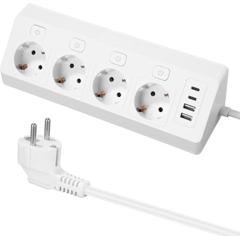 4 Fach Ecksteckdose Mehrfachsteckdose mit USB, Mehrfachsteckdose Steckerleiste mit 2 USB und 2 Type-C, 8 in 1 Überspannungsschutz mit 2M Kabel für Smartphones Tablets, Hause, Weiß