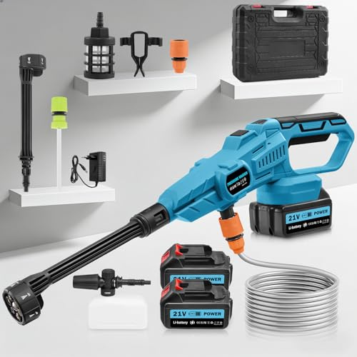 Viugreum Nettoyeur à Pression sans Fil 6 en 1 avec 2 * 3.0Ah Batterie, Nettoyeur Haute Pression Portable 21V 120 Bar/3.4GPM, 3 Vitesses, Buse, 5m Tuyau, Chargeur pour Voiture, Jardin, Arrosage