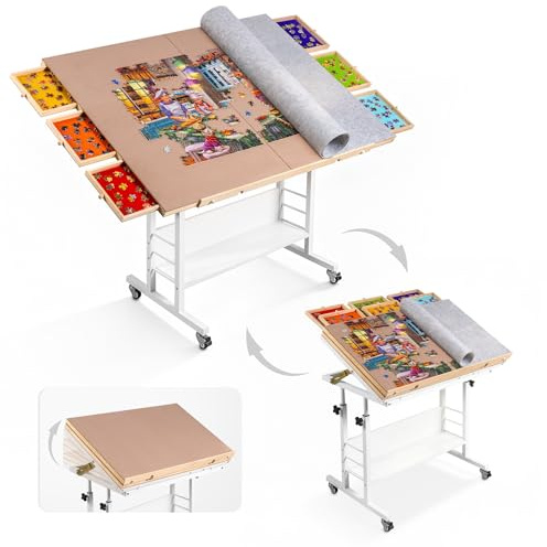 Tektalk klappbarer Puzzletisch mit Winkel- und Höhenverstellung, Puzzlebrett mit 2 Filzauflagen und 6 Sortierschubladen, ausgestattet mit 4 Rollen für 2000 Teile Puzzle - Weiß