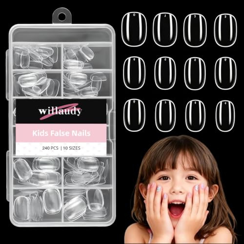 Clear Press on Nails für Kinder Acryl Fake Nails für Kleine Mädchen Komplettes Nägel set für Kinder Nail Tips, Quadratisch, Oval, 240 Stück, 10 Größen