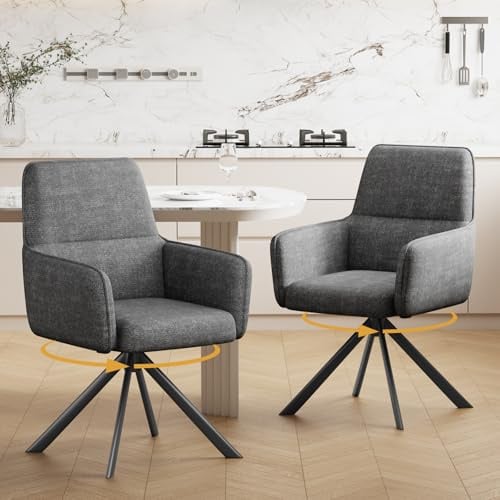 Ckaff Esszimmerstühle Drehbar mit Armlehne 2er Set, 360°Drehbar Polsterstuhl Küchenstuhl aus Chenille, Stühle Esszimmer Schminkstuhl mit Metallbeine für Esszimmer Küche Schlafzimmer, Dunkelgrau