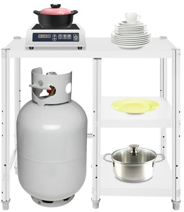 Brride Scaffalatura da cucina, per bombole a gas e fornelli, supporto per forno a microonde con portaoggetti, supporto da cucina a 3 piani con ripiani regolabili, tavolo da caffè