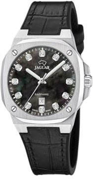 JAGUAR Swiss Made Damenuhr Analog aus Leder Schwarz | Quarzuhr, Kalender, Widerstandsfähiges Saphirglas, Wasserdicht 10 ATM, J1032/8, Rondcarre