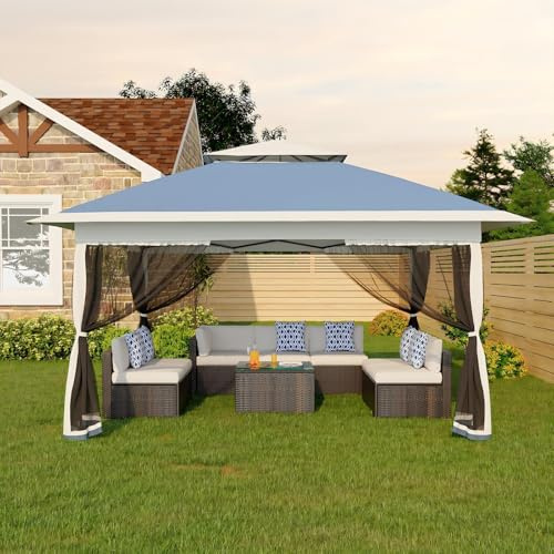 Faltpavillon Moskitonetz 3x3 m mit 4 Moskitonetz Seitenteilen – Pop Up Pavillon wasserdicht & stabil, UV-Schutz 50+, höhenverstellbar, Doppeldach Pavillion für Patio & Familie Marineblau + Grau