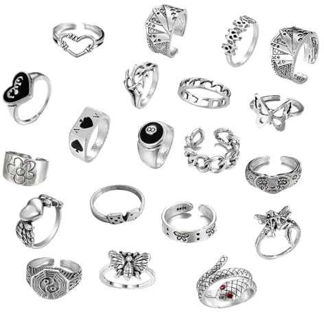 20 Stück Vintage Punk Ringe Set für Männer Frauen, Silber Retro Ringe Gothic Rings Stapelbare Schädel Schlange Herz Blume Schmetterling Knuckle Ringe Silber Gothic Y2K Statement Ring (Silber Set 1)