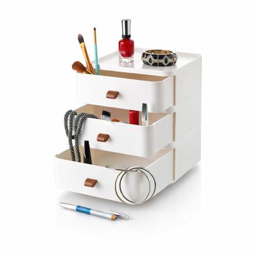 Sugodesign 3-Schubladen Schreibtisch-Organizer, Weiß mit Braunen Griffen, 20x20x22 cm, Aufbewahrungsbox für Kosmetik, Schmuck und Büroartikel