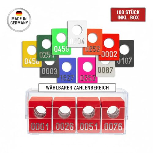 100 Stück SchiBo® Geprägte Garderobenmarken 38x54 mm, in 11 Farben verfügbar, inkl. transparenter Aufbewahrungsbox, vierstellige Nummernmarken, Ziffernprägung