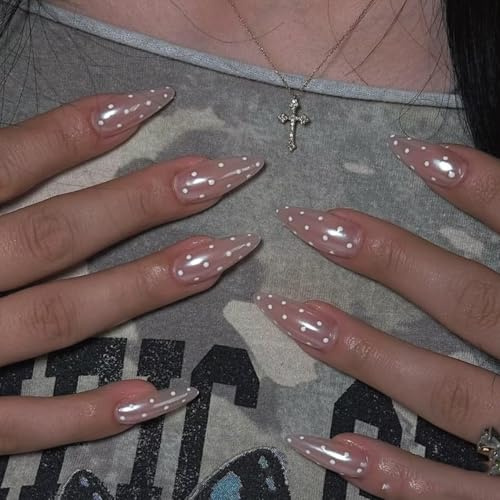 24pcs Long Almond False Nails White Polka Dot Design Press on Nails Glossy Coated Nude Pink Stick on Nail Tips Removable Glue-on Fake Nail Art Accessories for Women Spring Summer Wear