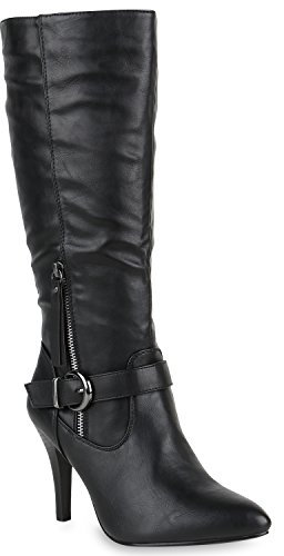 Klassische Stiefel Damen Boots Leder-Optik High Heels Schnallen Schuhe 147942 Schwarz Schnalle 38 Flandell