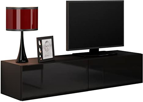 Mirjan24 TV Schrank Vigo, Fernsehschrank, TV Lowboard mit Grifflose Öffnen, Hängeschrank Hochglanz Matt Wohnwand (Länge: 140 cm, Schwarz/Schwarz Hochglanz)