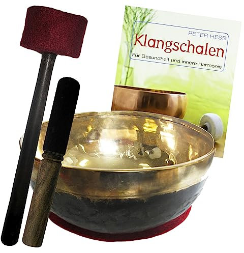 Klangschale für Klangtherapie Klangmassage & Peter Hess Klangschalen Therapie Buch 6-tlg Set. 1400-1450g BECKENSCHALE/UNIVERSALSCHALE Tibet/Nepal mit Kissen, Reibe- & Therapie-Klöppel. 70134