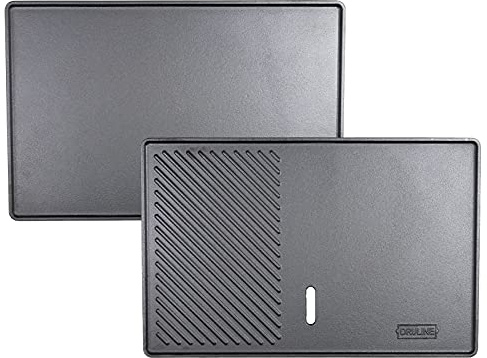 DRULINE- Grillplatte aus Gusseisen, geriffelt & glatt, Emaille-Beschichtung, beidseitig verwendbar, mit Fettablauf, Gusseisenplatte Grill, Länge 32 cm x Breite 50 cm x Höhe 2 cm