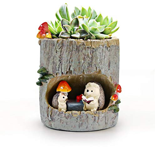 huking Macetas pequeñas redondas para plantas suculentas con drenaje, de resina sintética, temática de erizo, decoración para el hogar, interior y oficina