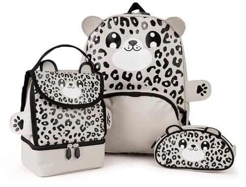 Zappi Co Children's Snow Leopard Backpack Triple Set - Package Includes Backpack, Lunch Box, and Pencil Case - Fun Wildlife Rucksack for Boys and Girls - Back to School Essential