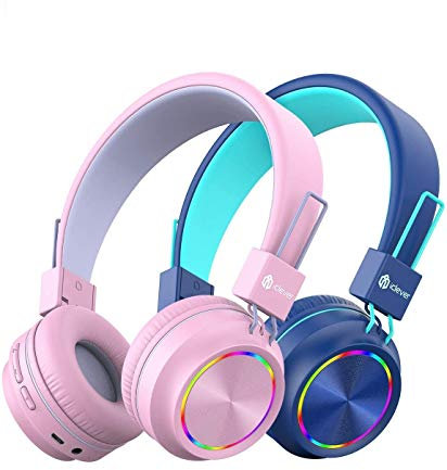 iClever 2 Pack Bluetooth Kinder Kopfhörer, Bunte Lichter LED, 94dB Lautstärkebegrenzung, Faltbare, Einstellbar, Kabellos und Kabel, Eingebautes Mikrofon für Schule
