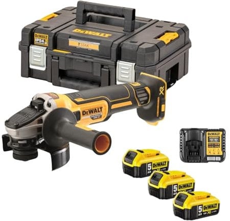 DEWALT DCG405P3-QW - Smerigliatrice 125 mm a batteria 18V 3 batterie 5.0 Ah Caricabatterie e valigetta TStak
