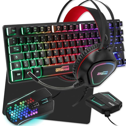 Amstrad Pack Pro Gamer Legends 6 Piezas: Teclado, Ratón, Alfombra, Auriculares, Convertidor Compatible para PC/PS4/Xbox One/Switch/PC