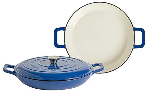 Argon Tableware 2.3L Shallow Cast Iron Casserole Dishes with Self-Basting Lids - Midnight Blue - 2x Induction Hob Cooking 2.43QT Dutch Oven Bread Baking Serving Roasting Stew Stock Pot Cookware Pan