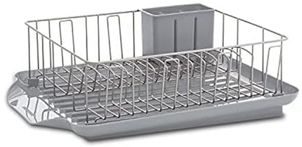Farberware Classic 3-Piece Dish Drying Rack Set for Kitchen Counter, Gray - Rust-Resistant Wires, Self-Draining Board, Flatware Caddy, Non-Slip Feet