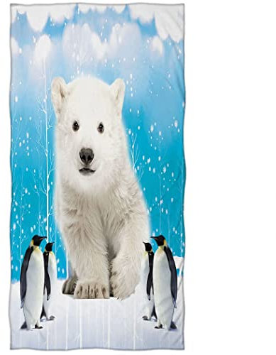 Zomer Strandtuch 70x140cm,Bedrucktes Mikrofaser Badetuch-Eisbär & Pinguin,Blau