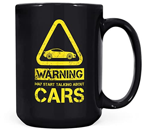 Mug Monster - Warning May Start Talking About Cars Funny Gift Mug - Ceramic Coffee Cup, Gift for Men or Women, Extra Large and Giant Available, 15oz Black