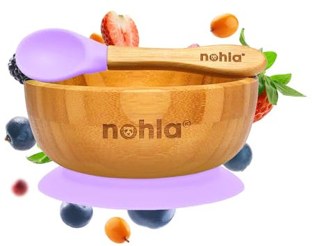 nohla ® - Juego de cuenco y cuchara de bambú para destete de bebé - Lila - Capacidad de 350 ml - Silicona 100% natural y orgánica, sin BPA - Esenciales para la hora de comer para niños pequeños