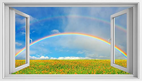 islandburner Bild auf Leinwand Fensterblick Landschaft mit blühendem Feld und Regenbogen Sagenhafter Effekt Wandbild Leinwandbild XCFA