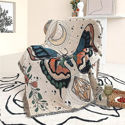 Shesyuki Boho Wurf Decke Reversible Baumwolle Bohemian Tapestry Hippie Zimmer Dekor Teppich Stuhl Couch Sofa Abdeckung Outdoor Decke Doppelseitig (Monat Motte Weiß, 50x60)