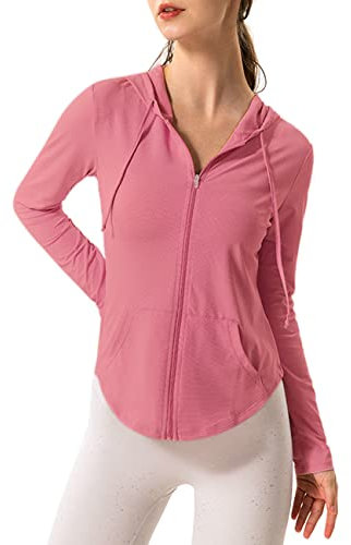 Femmes Manches longues UPF 50 + écran solaire Veste Hoodie Fitness Avec poches Yoga Fermeture éclair complète Athlétique Jacket Rose L