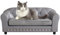 PWTJ Pet Sofa with Removable Cushion Cover, PU Leather Dog Cat Bed with Brass Nail Decor & Stitched Backrest, Elegant Design for Living Room (Grey)