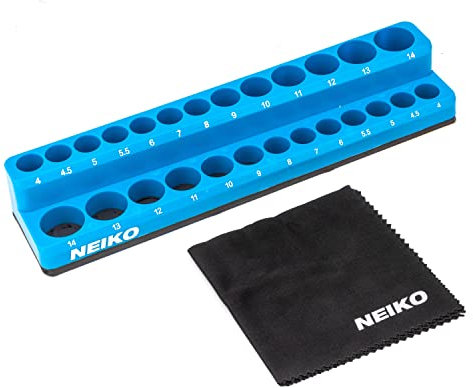 NEIKO 03973A Magnetic Socket Holder 1/4-Inch Drive 4-14 mm Short and Deep Sleeve Tray Metric Socket Organizer Tool Box Organizer, Anti-Scratch Assembly, High Visibility