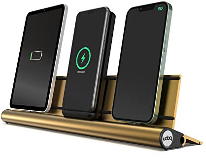 Universal Ladestation für Smartphones Tablets und AirPods, udoq 400, Aluminium, Gold, mit Power Delivery Fast Charging und Wireless Adapter (Gold)