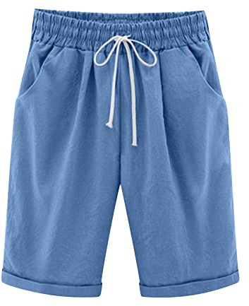 oglccg Womens Half Pants Plus Size Knee Length Cotton Linen Shorts with Pockets Summer Solid Beach Vacation Ladies Straight Leg Trousers Drawstring Elastic Waist Bermuda Casual Work Shorts, Blue