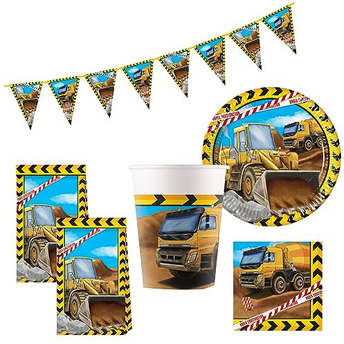Procos 10215302DY - Party Set Baustelle, 45-teiliges Einweggeschirr für Kindergeburtstag und Mottoparty, Tischdeko
