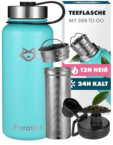 Paratito® Bouteille à thé avec infuseur et bouchon sport de 1 l - Anti-fuite - Pour boissons gazeuses et lave-vaisselle - En acier inoxydable - Pour thé, infusion froide, les déplacements - Bleu