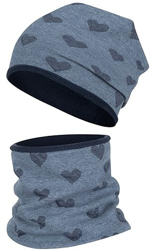 Smarilla Wintermütze + Schlauchschal Mädchen Winterset Beanie Snood, Größe: 54-56, Farbe: Blau-Herz